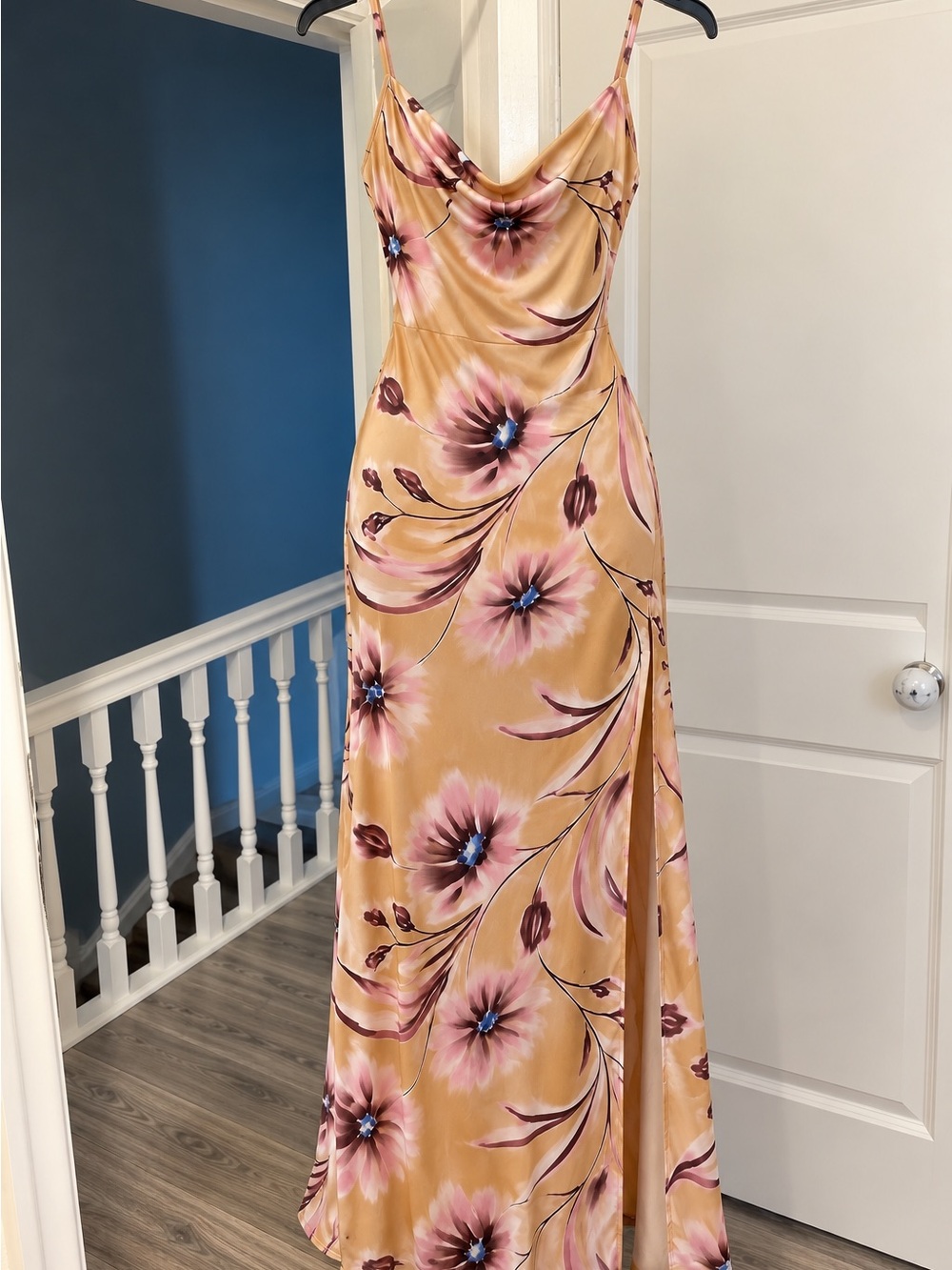 Floral Satin Slip Dress - Mustard with Pink Flowers